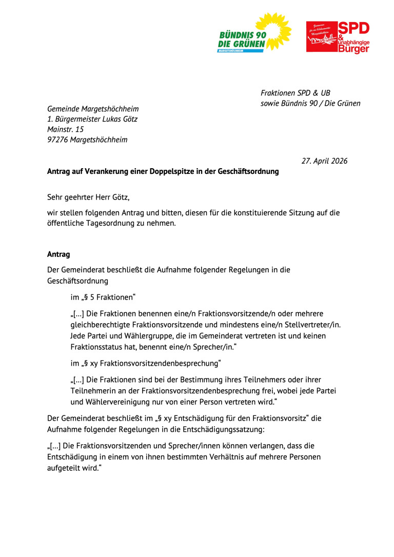 Antrag auf Verankerung einer Doppelspitze in der Geschäftsordnung